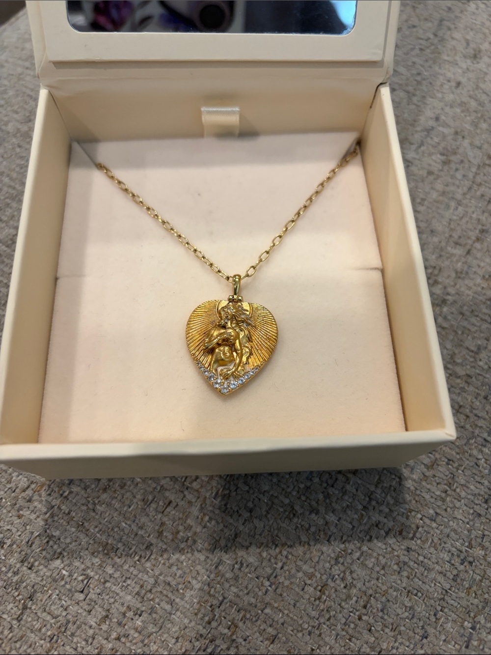 Gold Heart Pendant Necklace with Aphrodite Motif and Crystal Accents